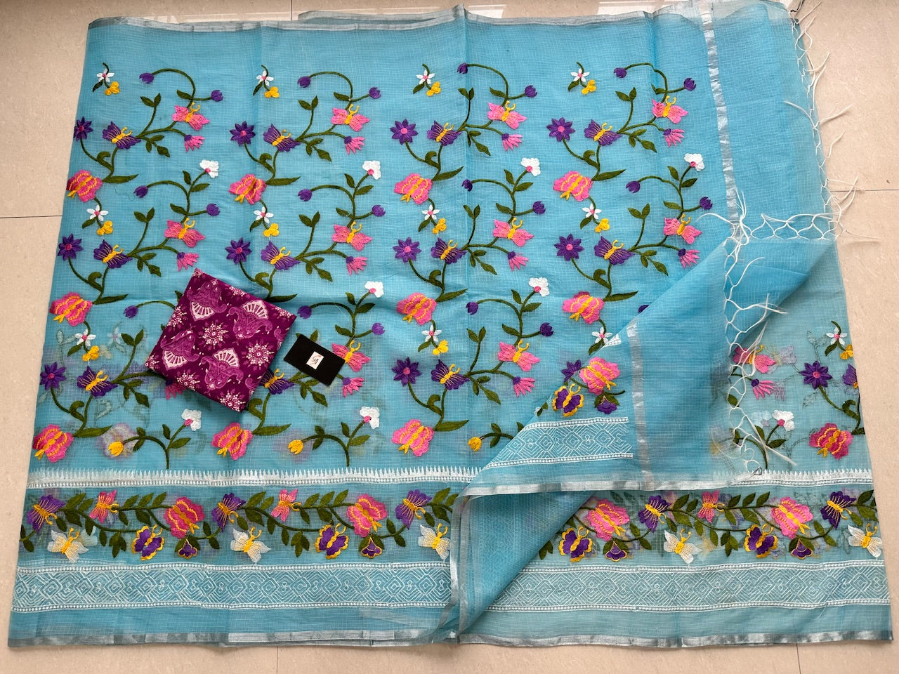 Embroidered Kota Cotton Doria Saree