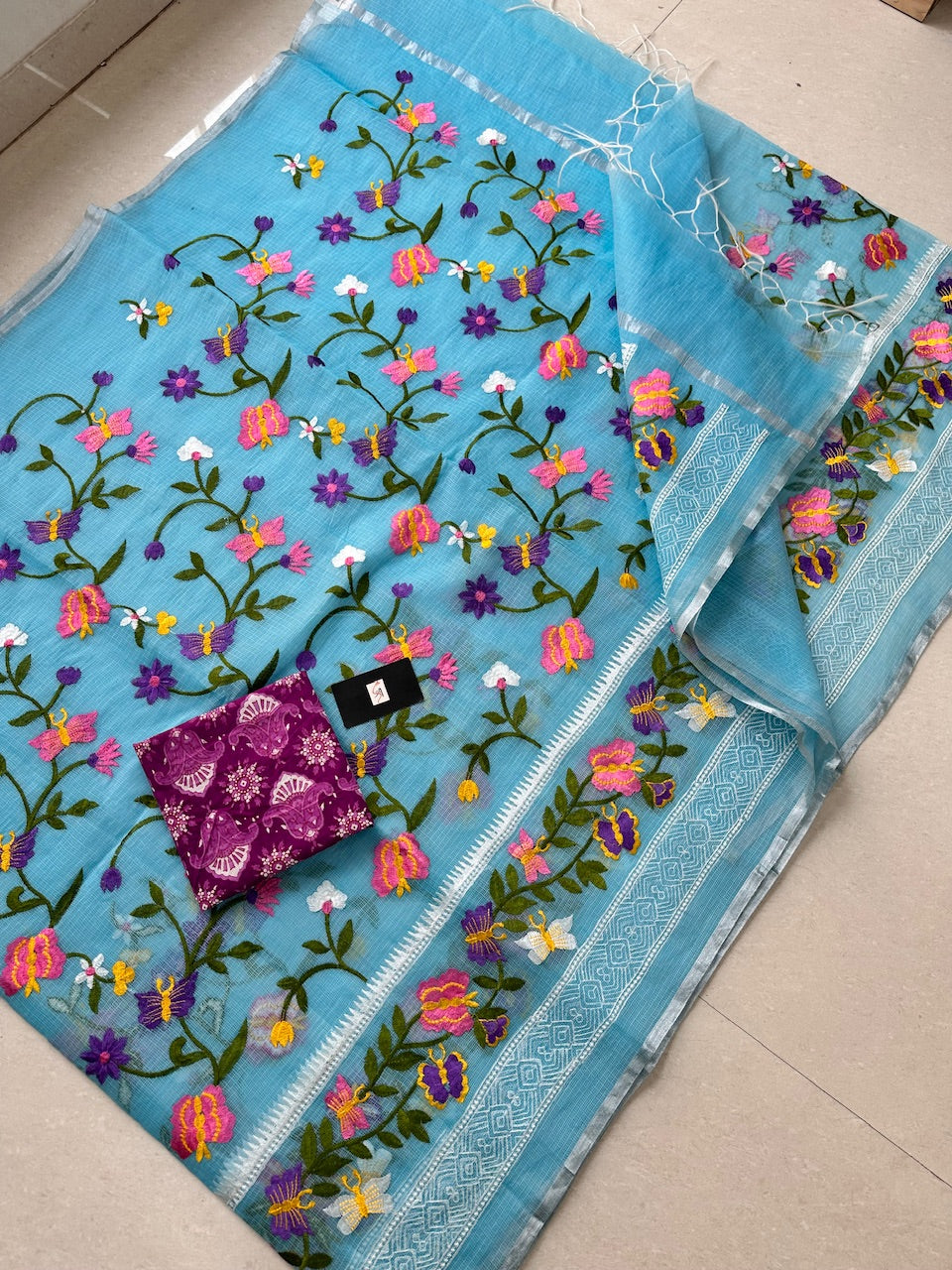 Embroidered Kota Cotton Doria Saree