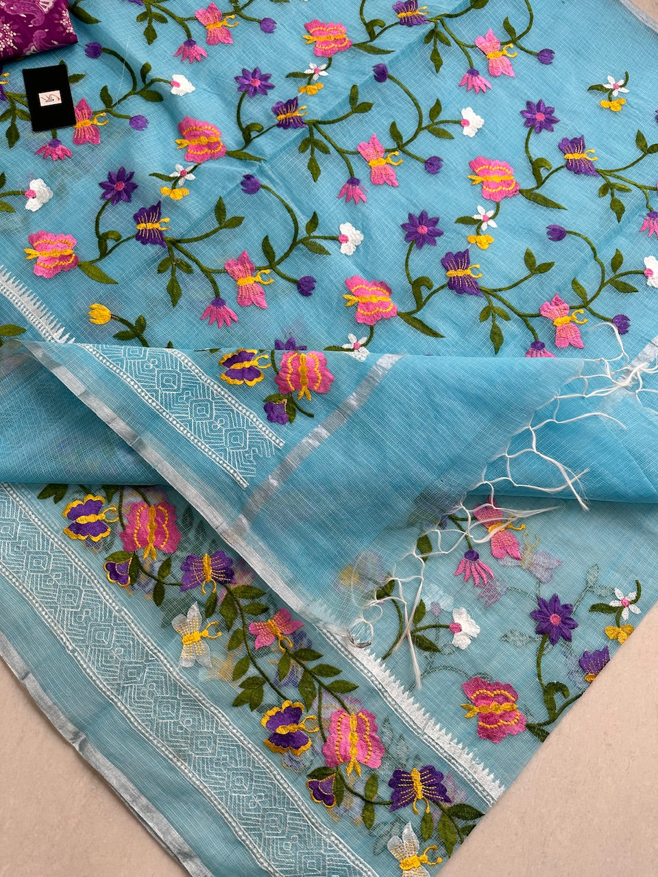 Embroidered Kota Cotton Doria Saree