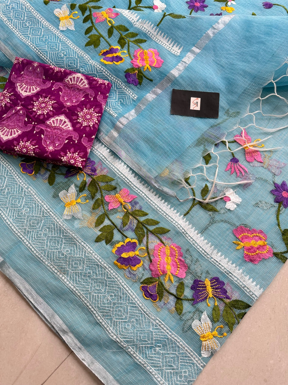 Embroidered Kota Cotton Doria Saree