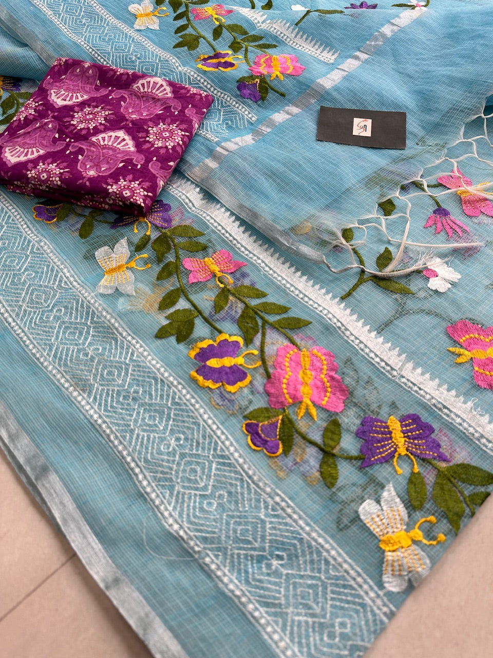 Embroidered Kota Cotton Doria Saree