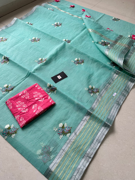 Embroidered Kota Cotton Doria Saree