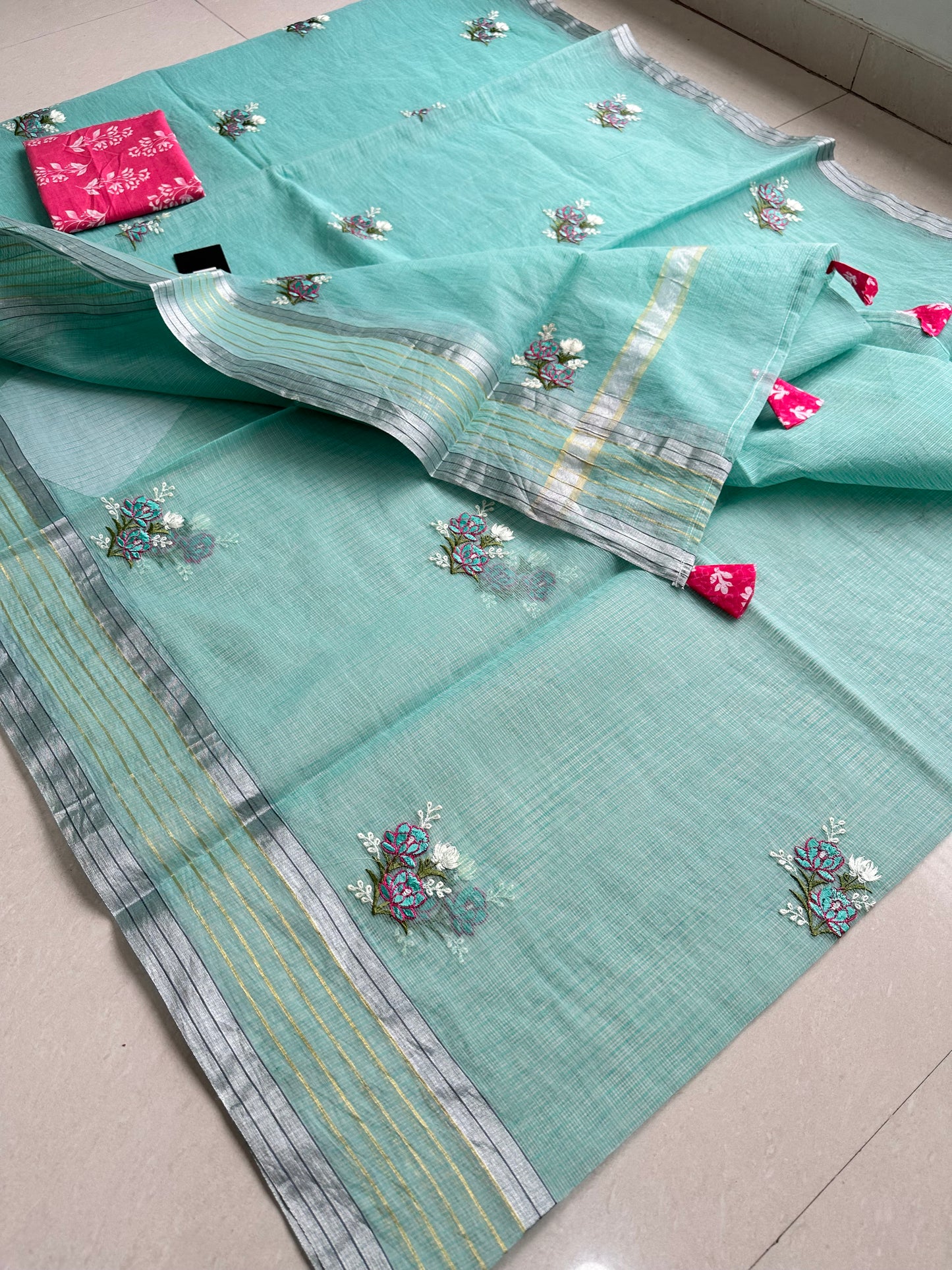 Embroidered Kota Cotton Doria Saree