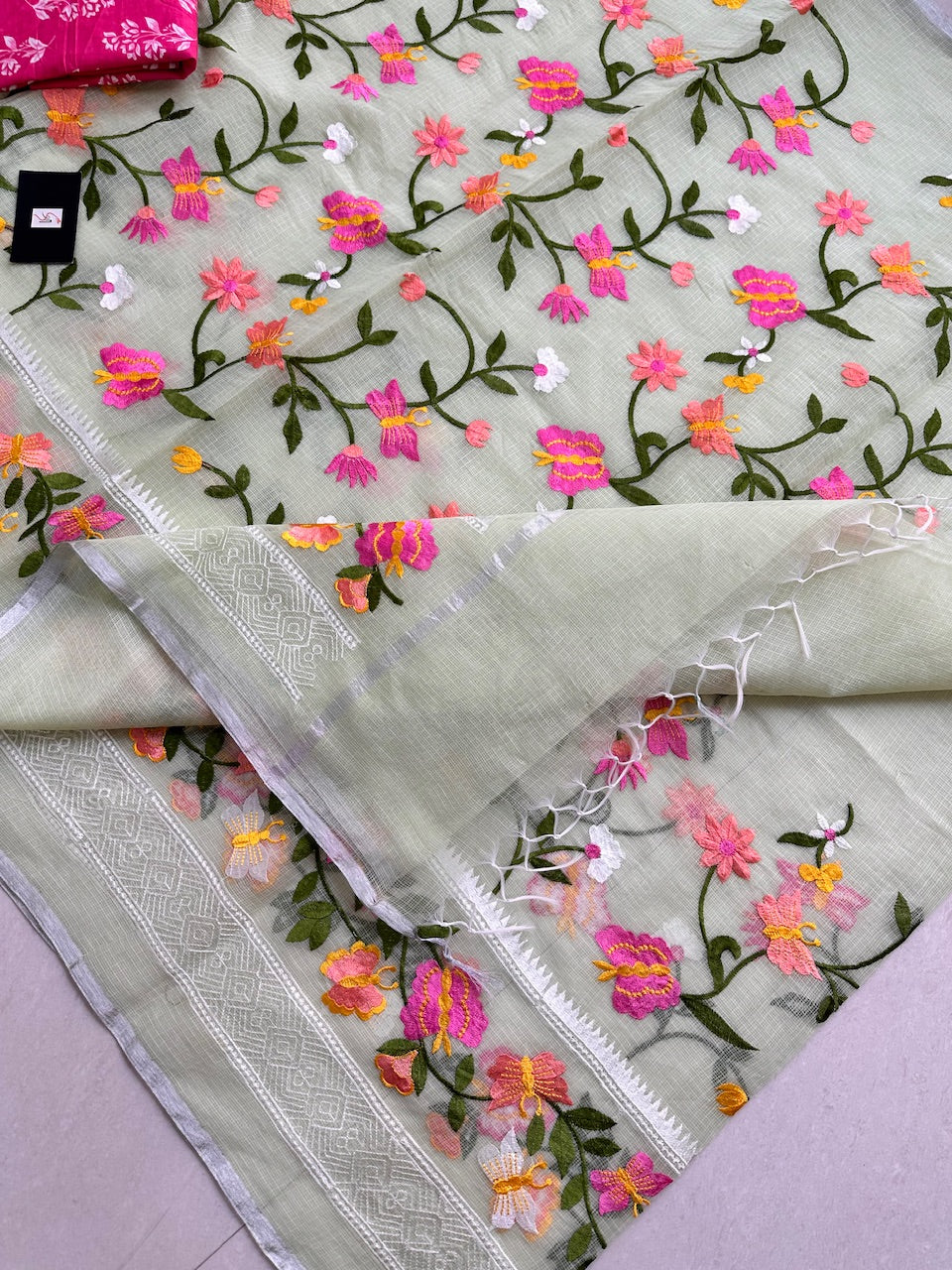 Embroidered Kota Cotton Doria Saree