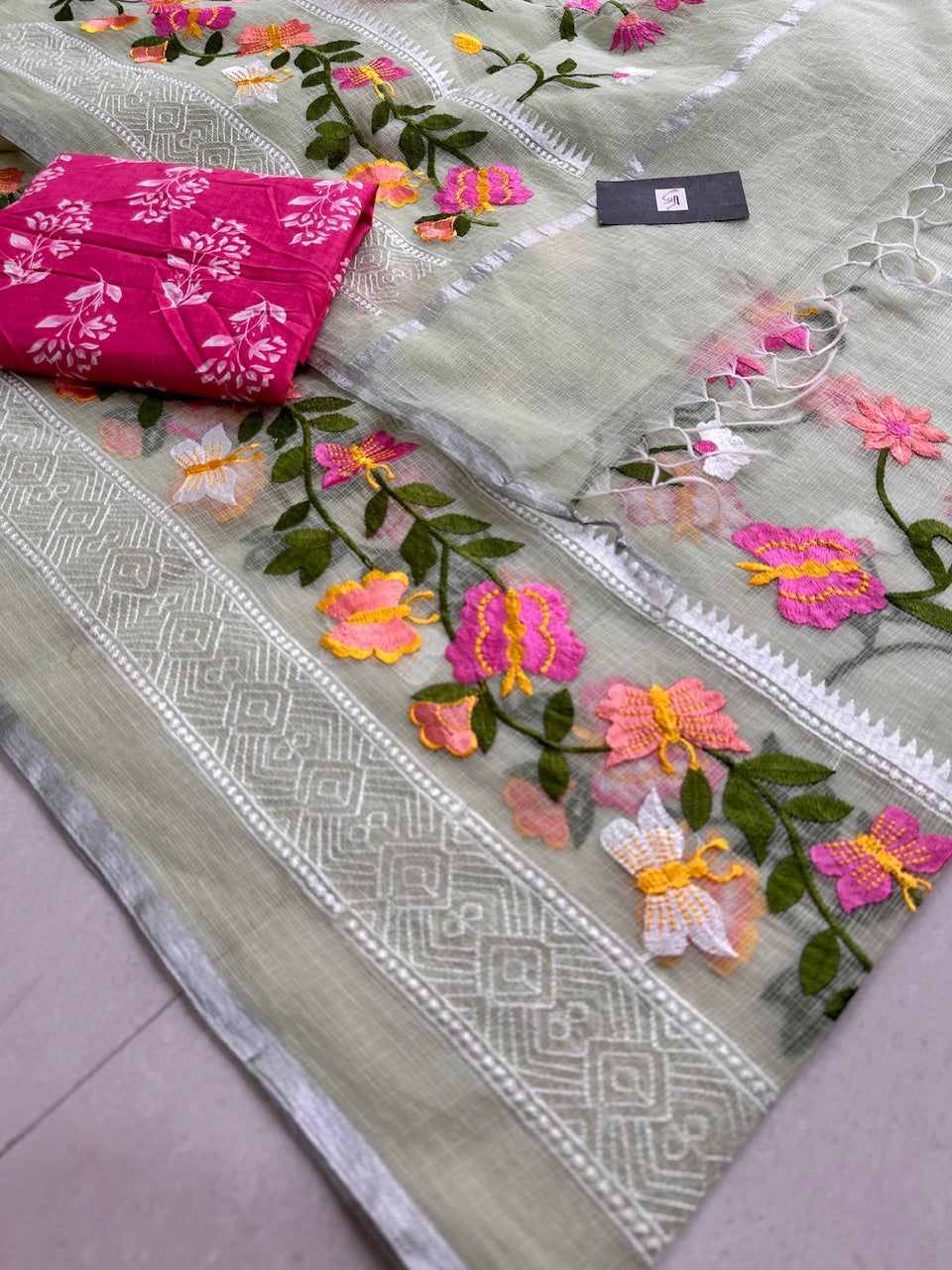 Embroidered Kota Cotton Doria Saree