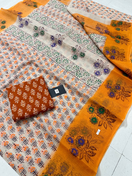 HandBlock Printed Kota Cotton Doria Saree