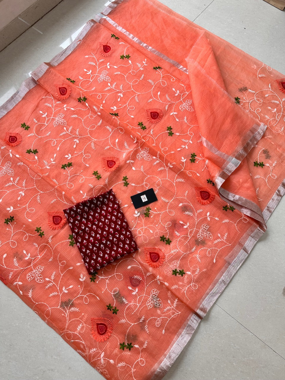 Embroidered Kota Cotton Doria Saree