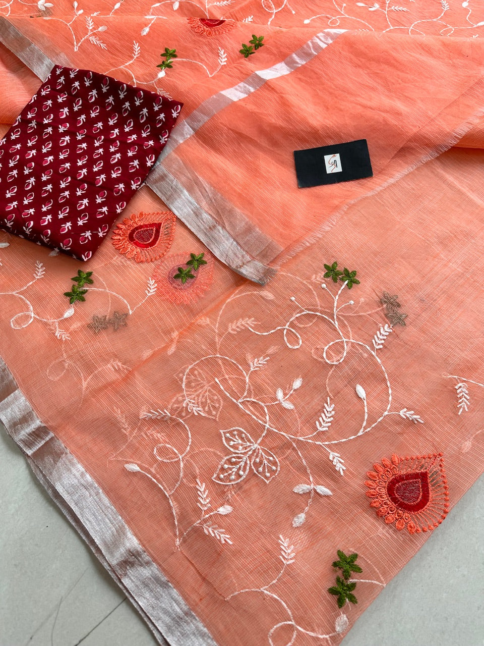 Embroidered Kota Cotton Doria Saree