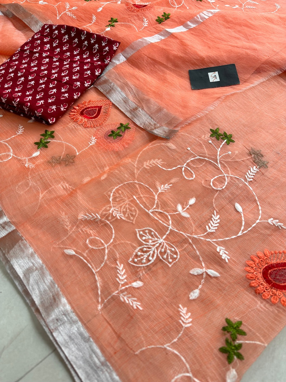 Embroidered Kota Cotton Doria Saree