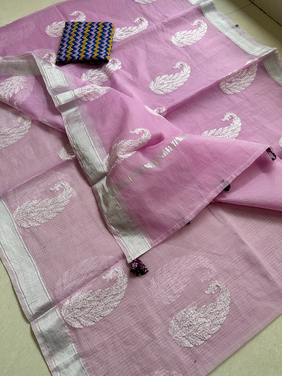 Luckhnowi Embroidered Kota Cotton Doria Saree