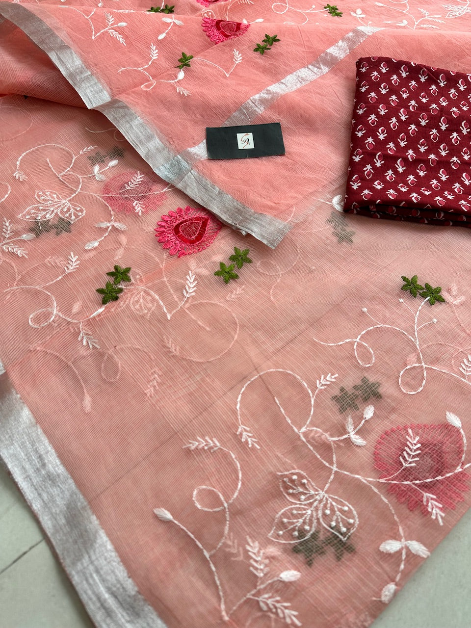 Embroidered Kota Cotton Doria Saree