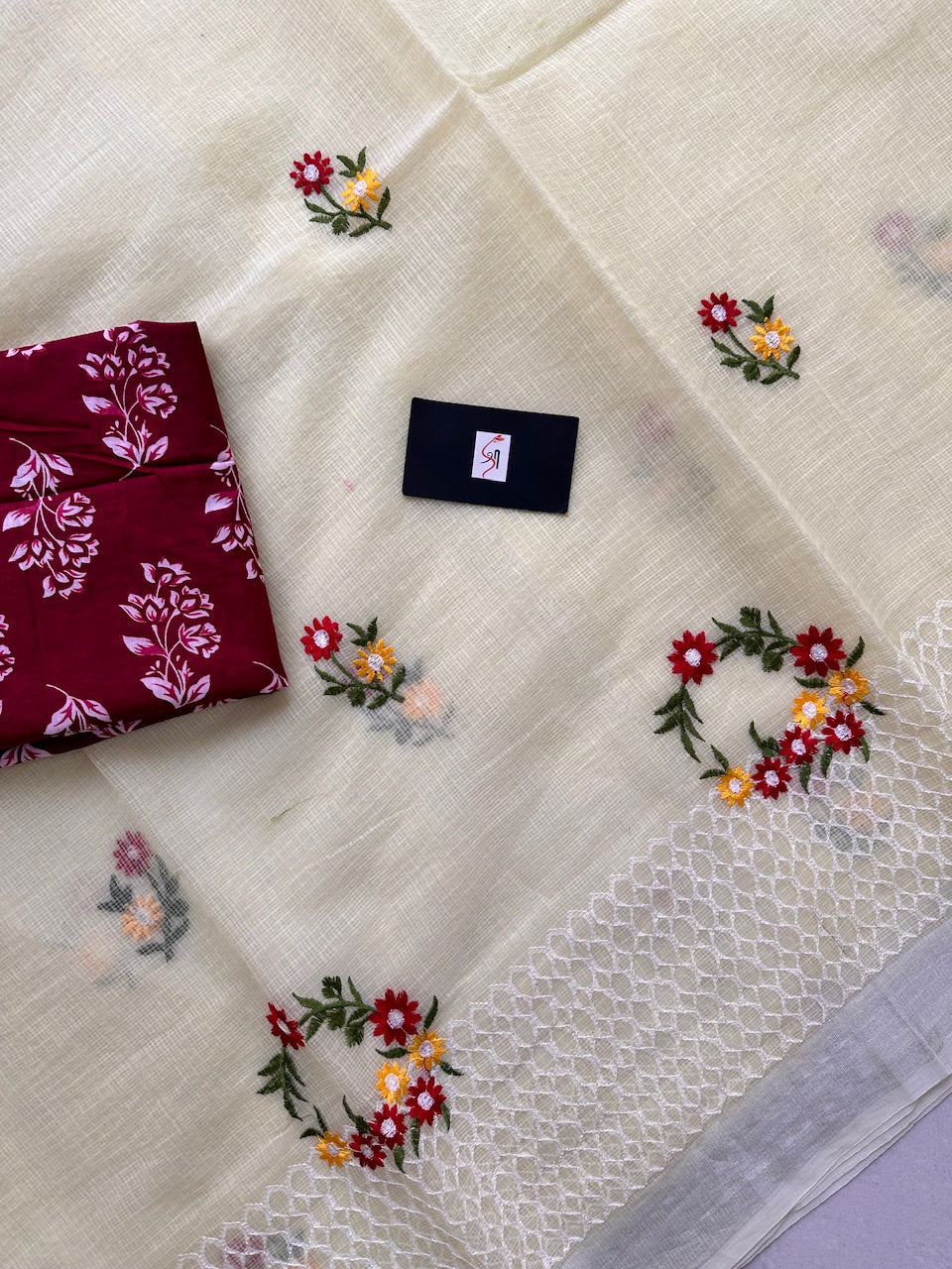 Embroidered Kota Cotton Doria Saree