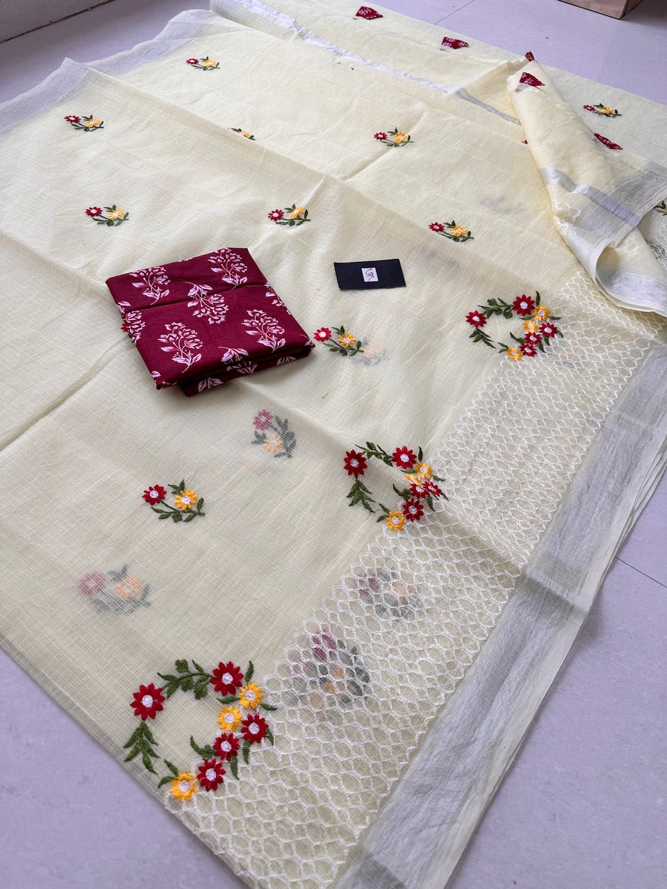 Embroidered Kota Cotton Doria Saree