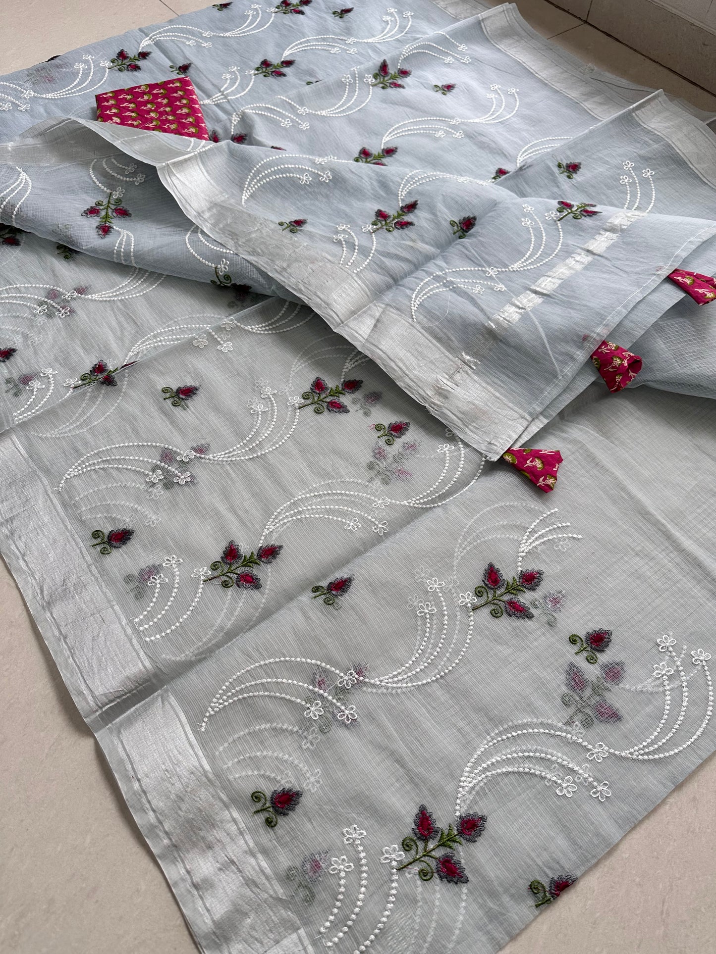 Embroidered Kota Cotton Doria Saree