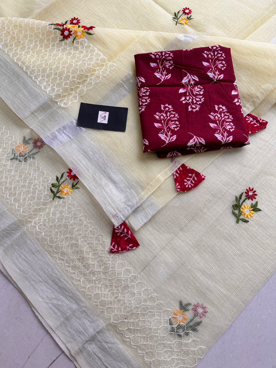 Embroidered Kota Cotton Doria Saree