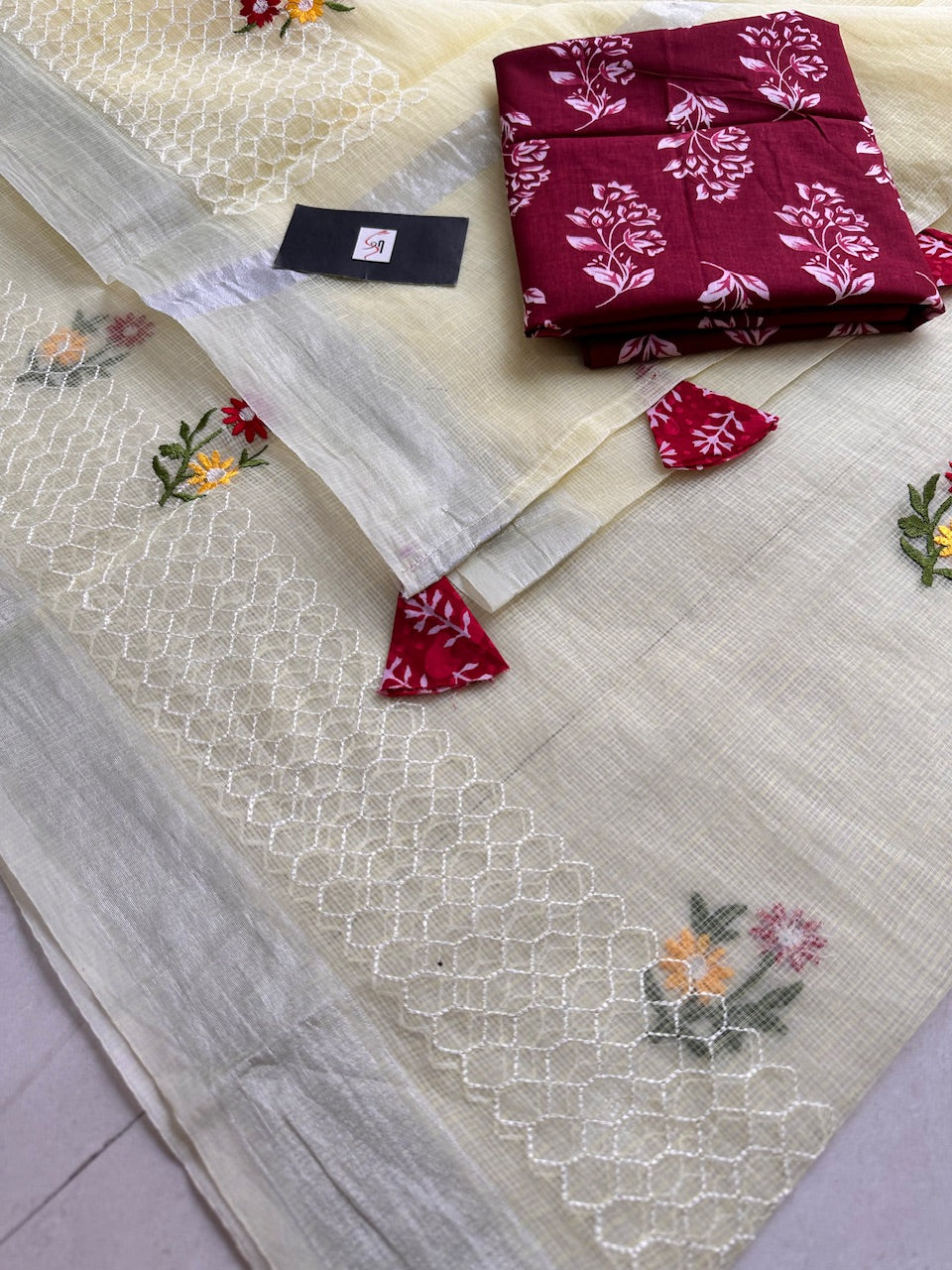 Embroidered Kota Cotton Doria Saree