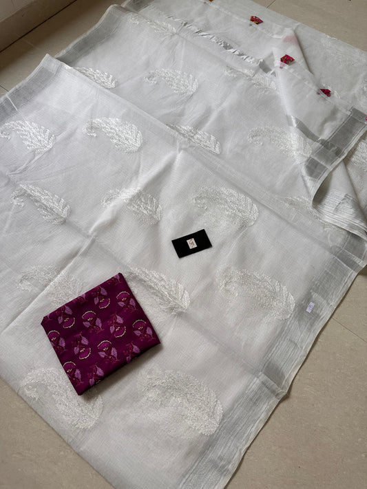 Luckhnowi Embroidered Kota Cotton Doria Saree