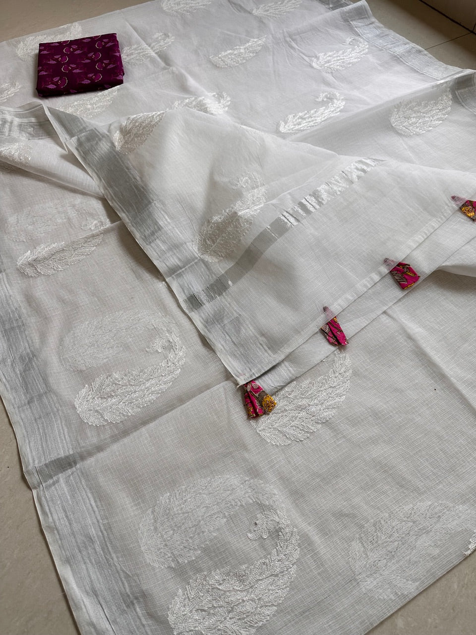 Luckhnowi Embroidered Kota Cotton Doria Saree