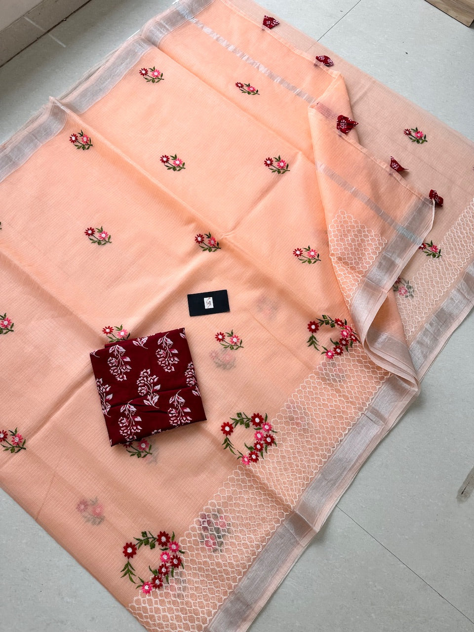 Embroidered Kota Cotton Doria Saree