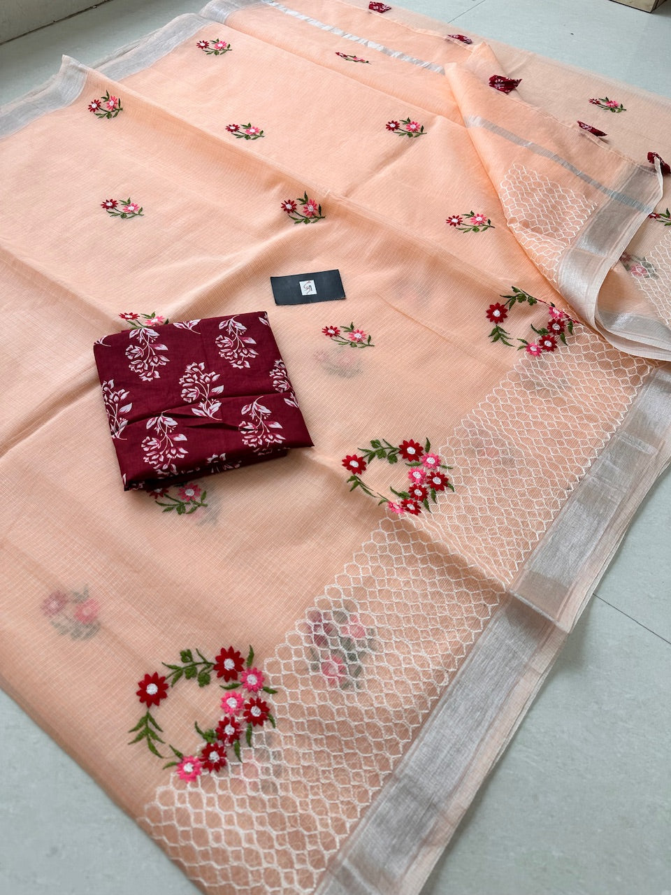 Embroidered Kota Cotton Doria Saree