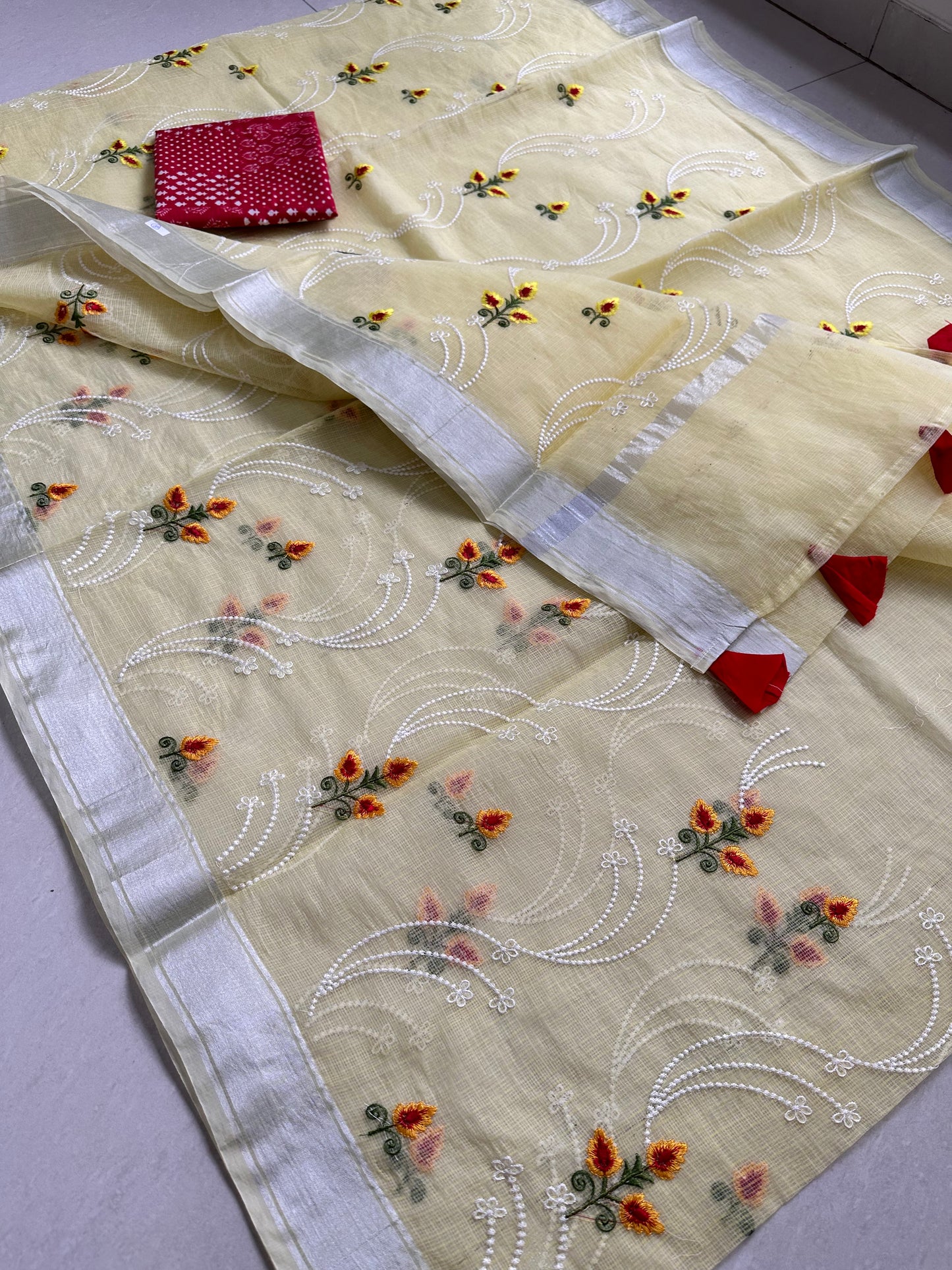 Embroidered Kota Cotton Doria Saree