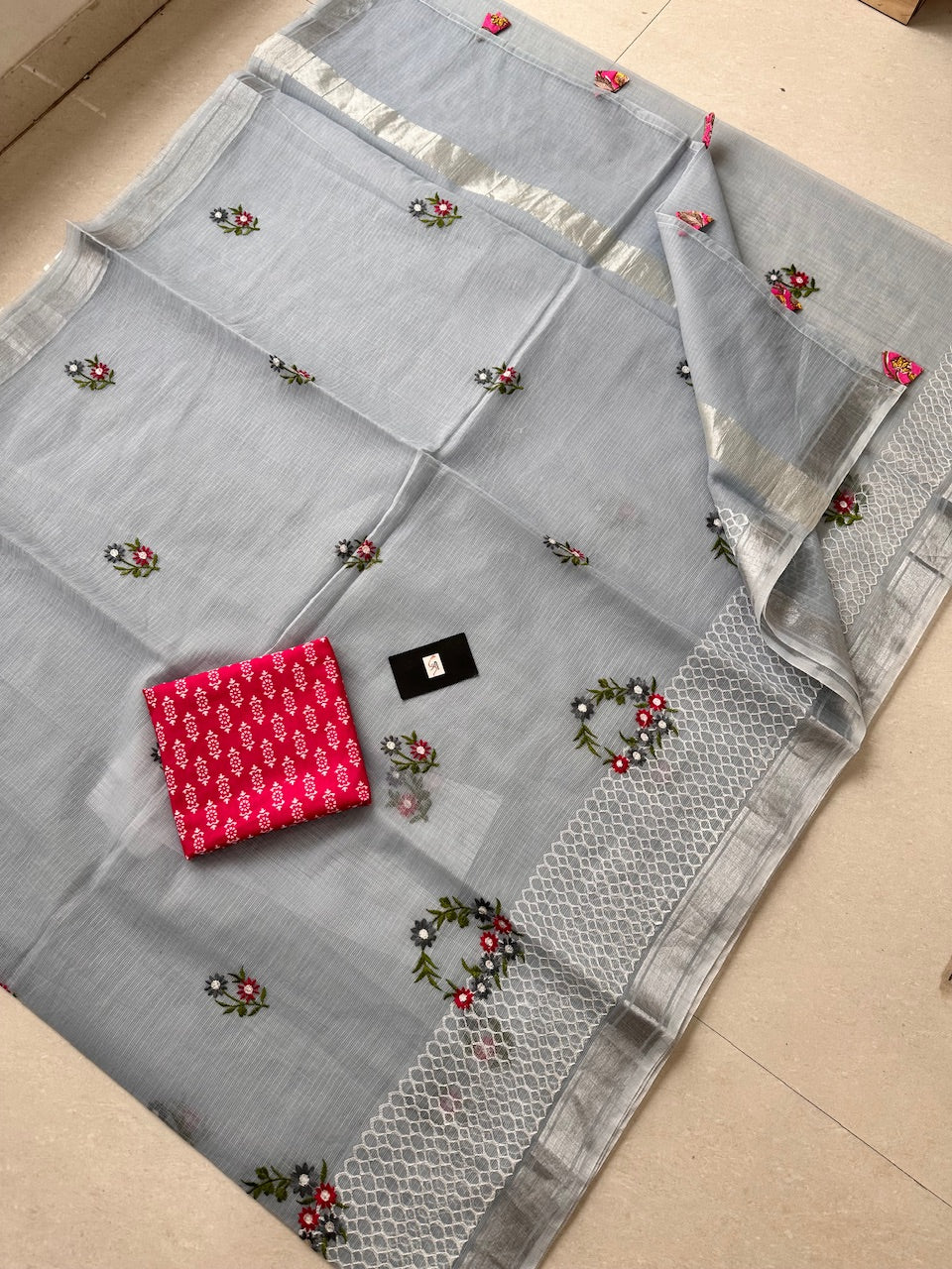 Embroidered Kota Cotton Doria Saree