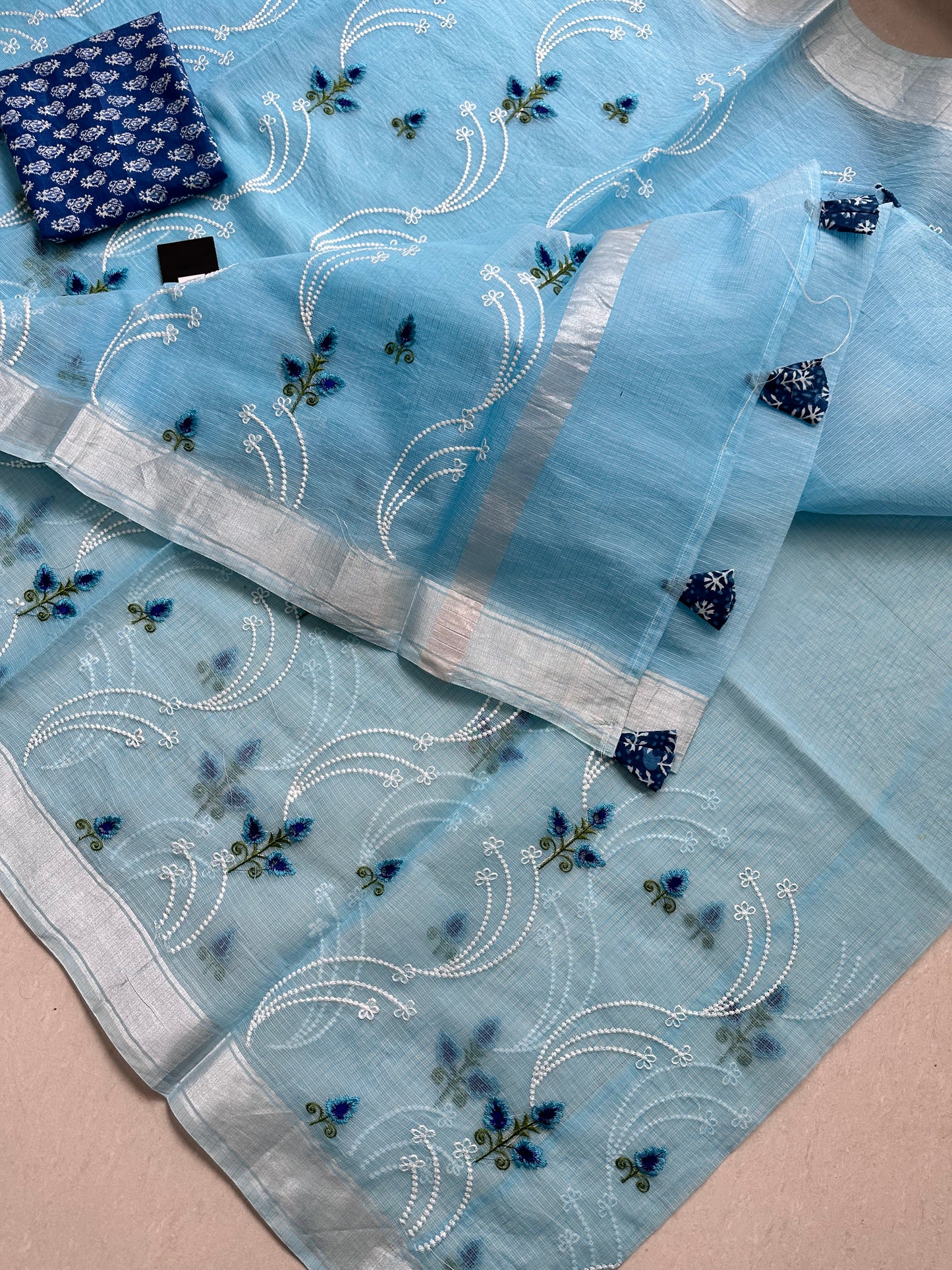 Embroidered Kota Cotton Doria Saree