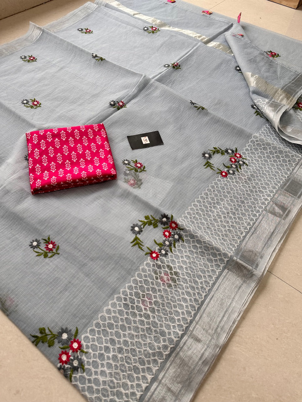 Embroidered Kota Cotton Doria Saree