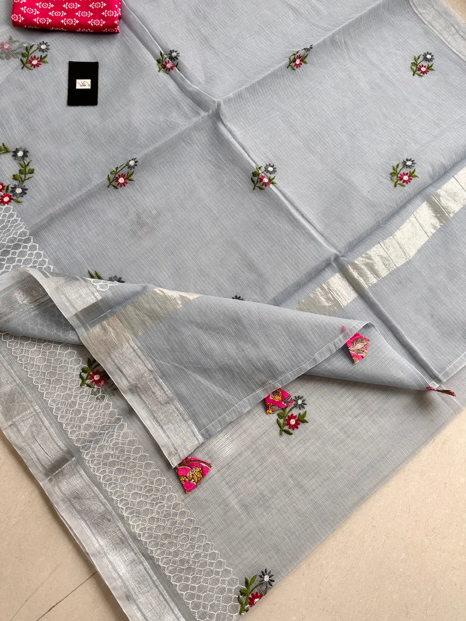 Embroidered Kota Cotton Doria Saree