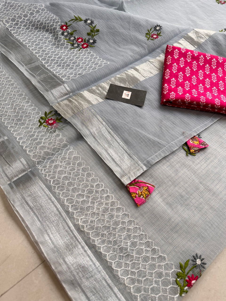 Embroidered Kota Cotton Doria Saree