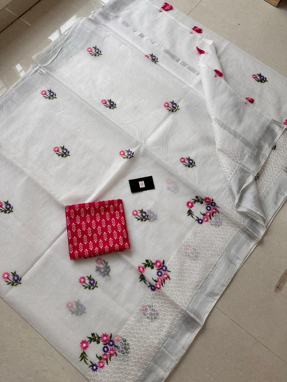 Embroidered Kota Cotton Doria Saree