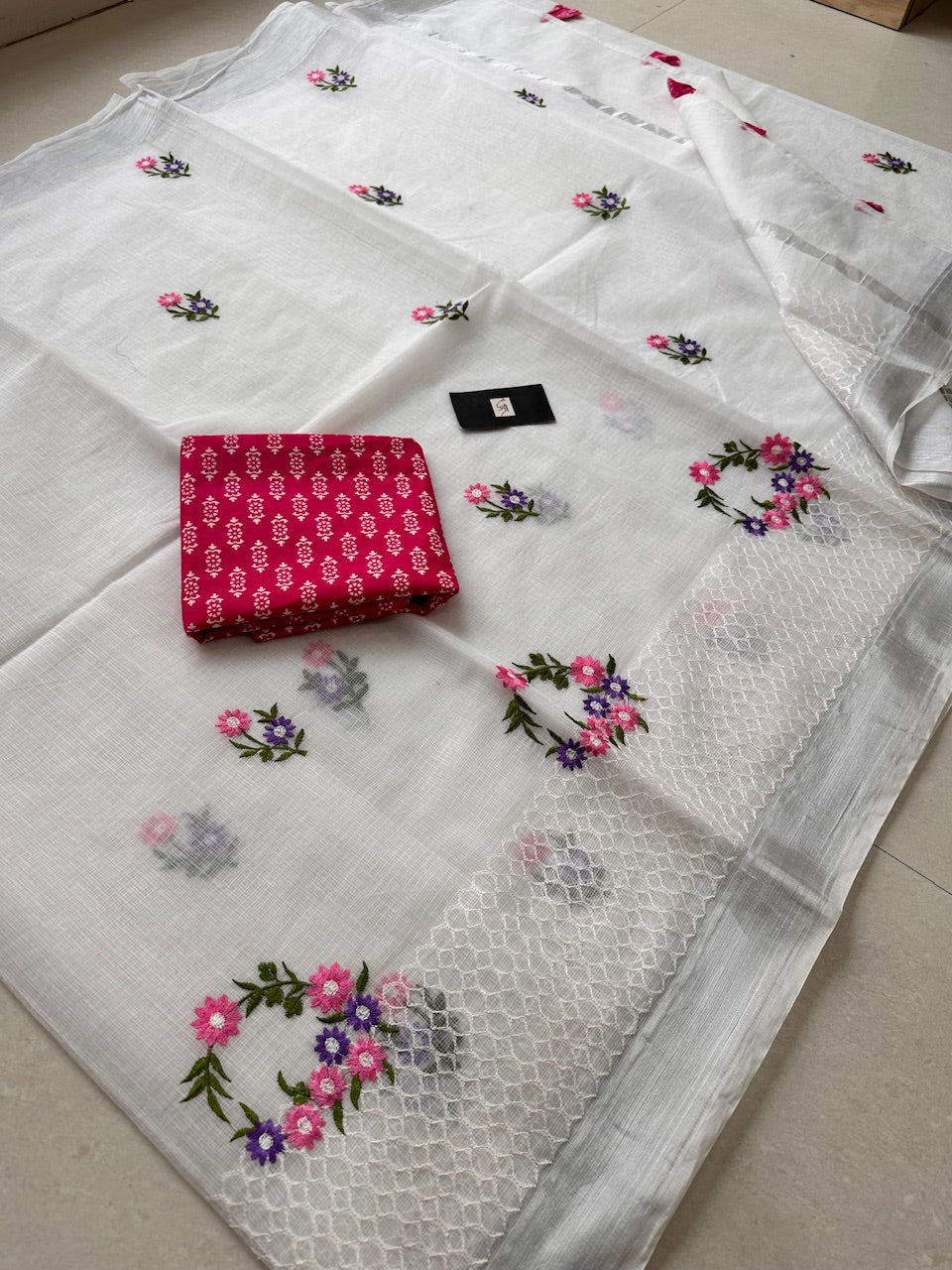 Embroidered Kota Cotton Doria Saree