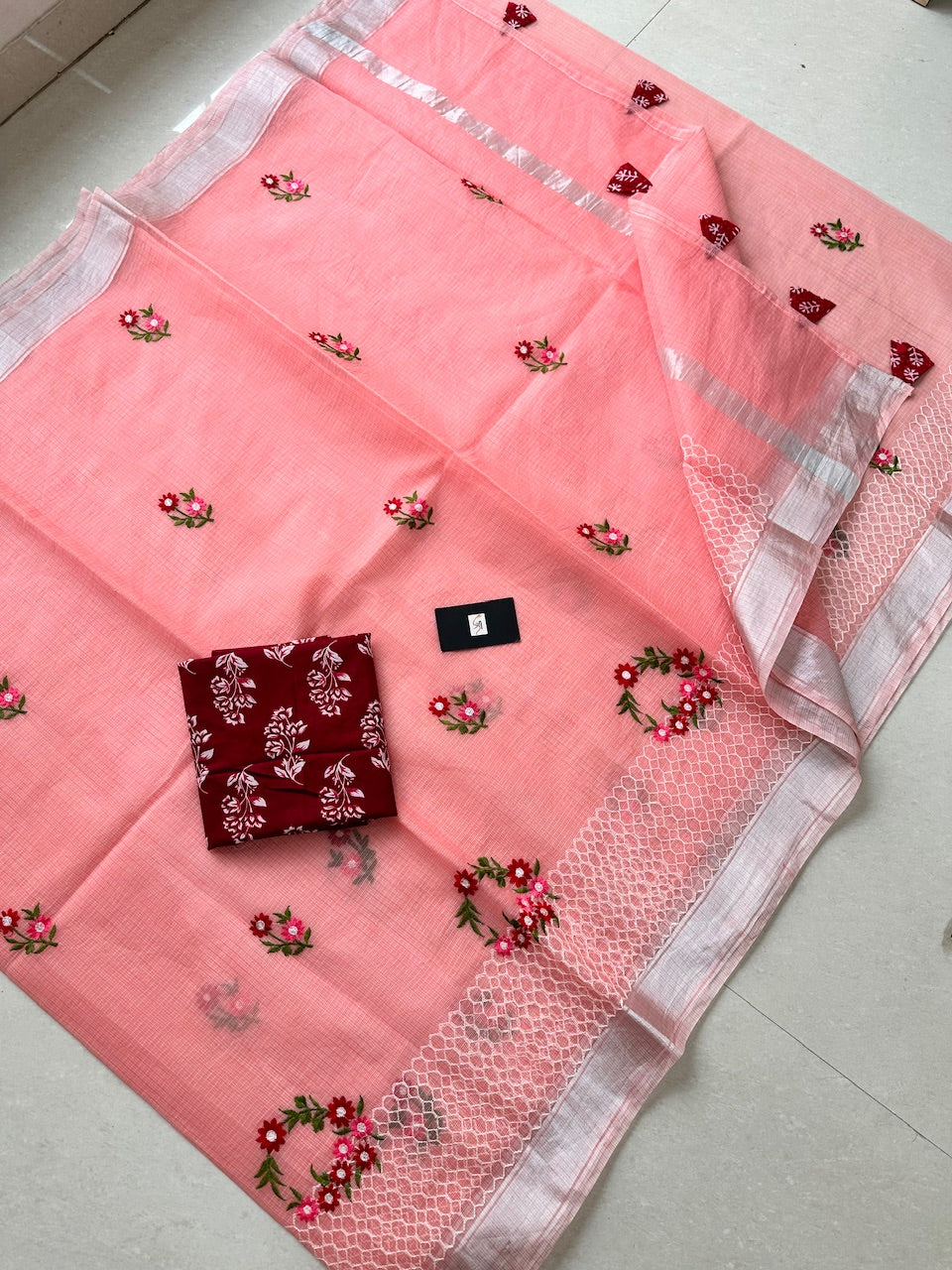 Embroidered Kota Cotton Doria Saree