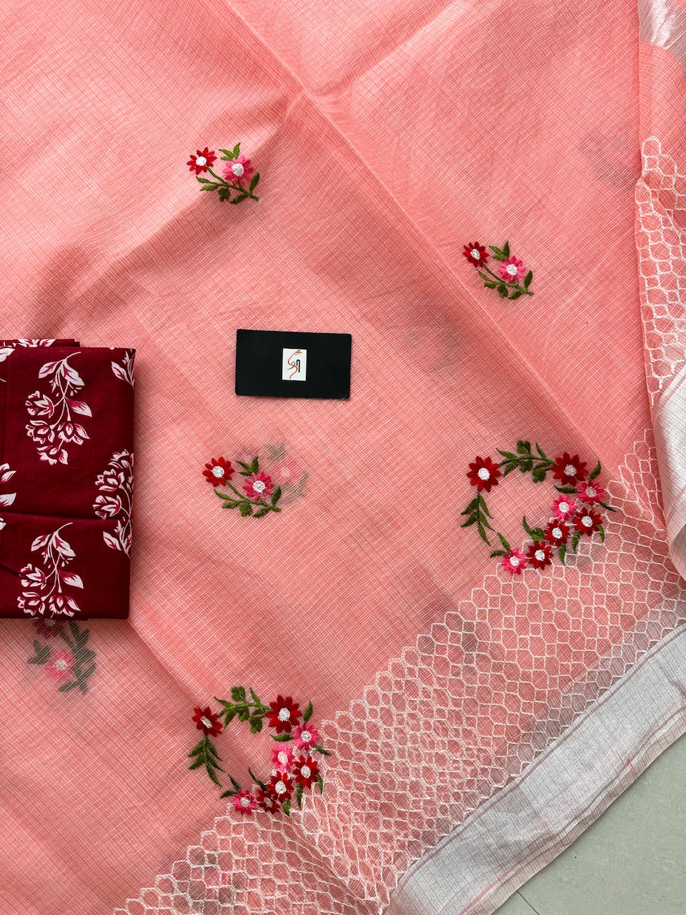 Embroidered Kota Cotton Doria Saree