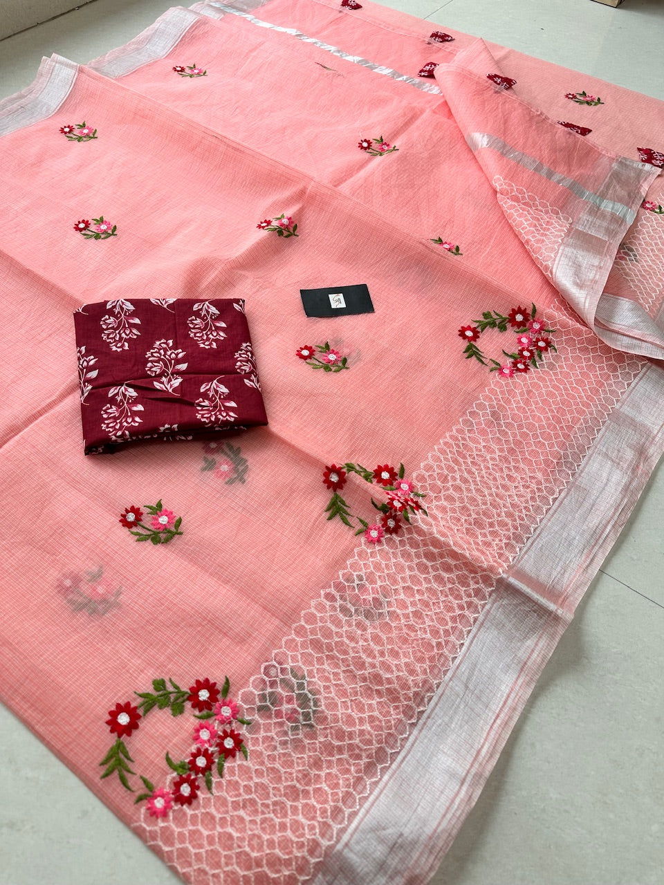 Embroidered Kota Cotton Doria Saree