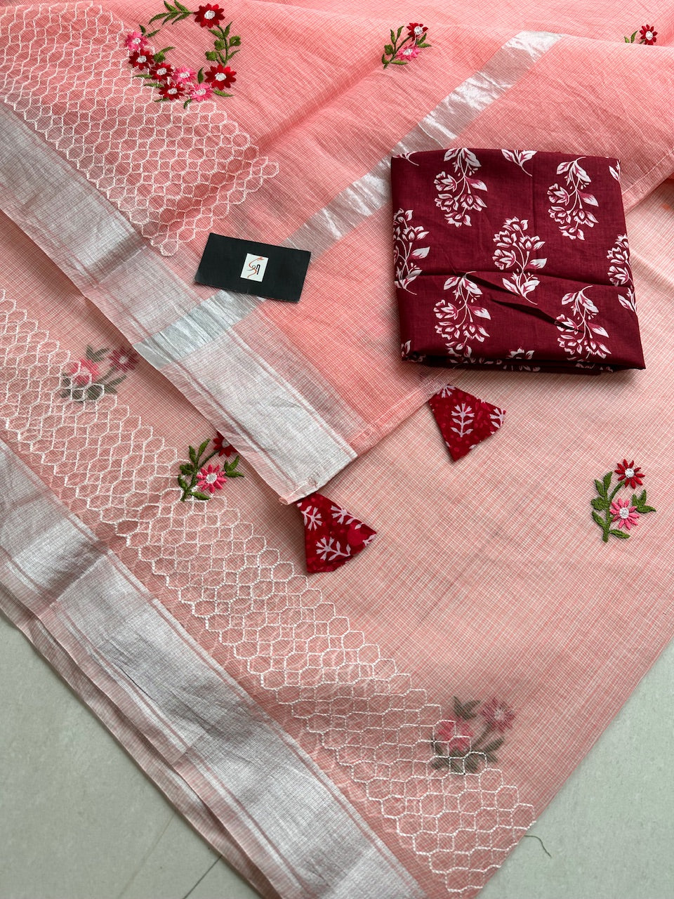 Embroidered Kota Cotton Doria Saree