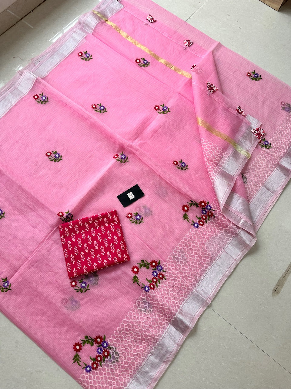 Embroidered Kota Cotton Doria Saree