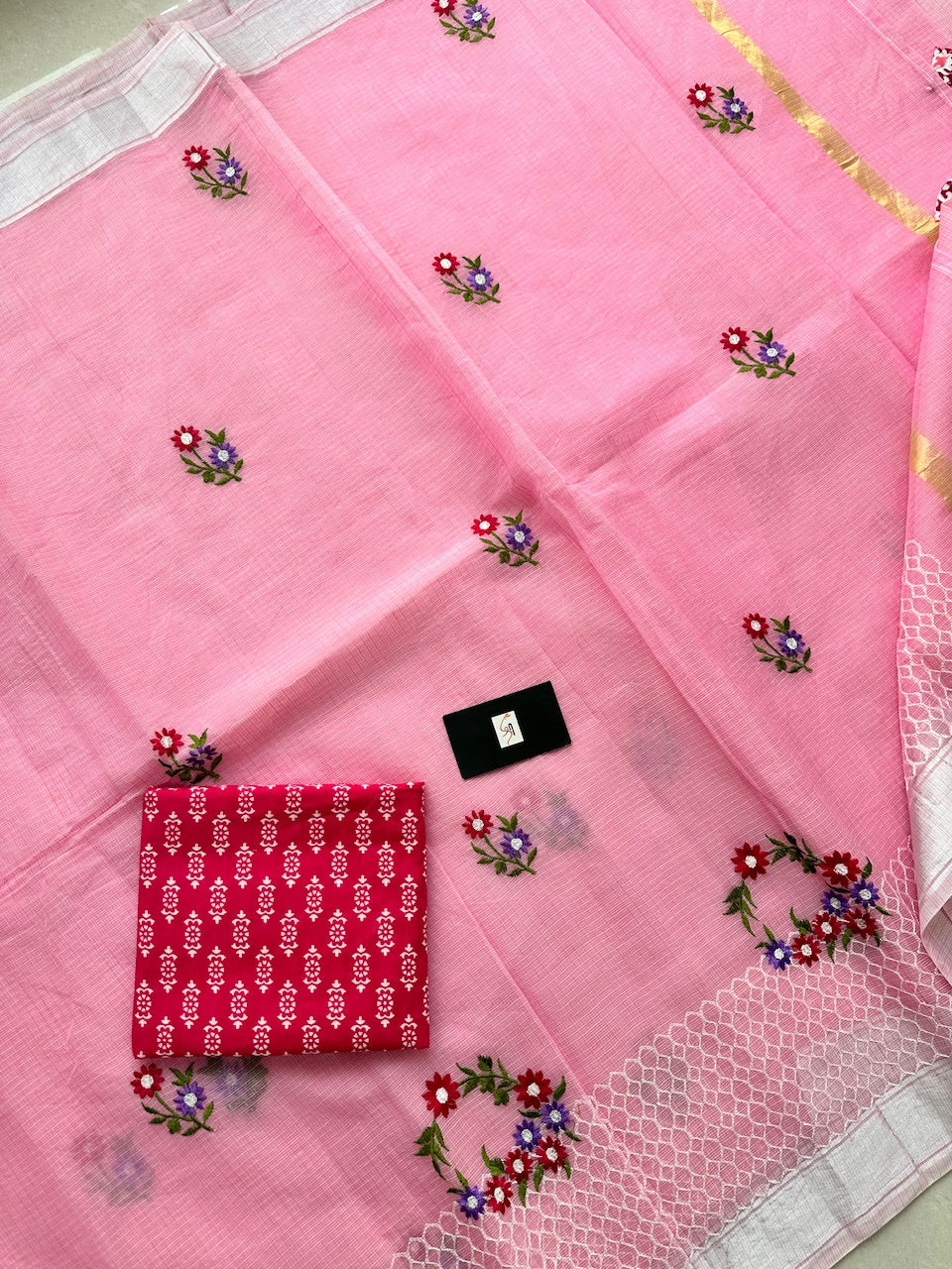 Embroidered Kota Cotton Doria Saree