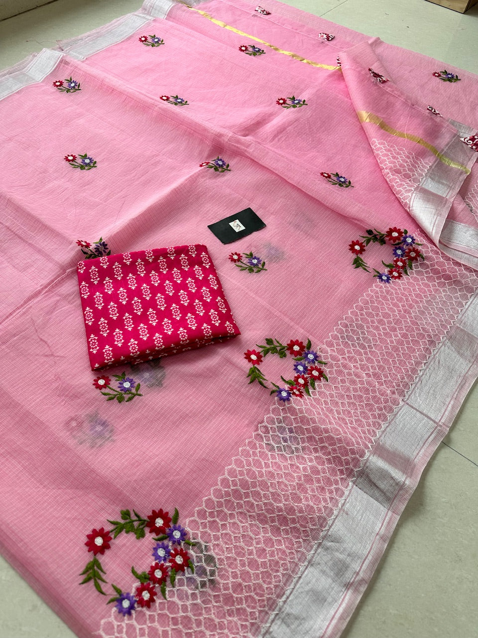 Embroidered Kota Cotton Doria Saree