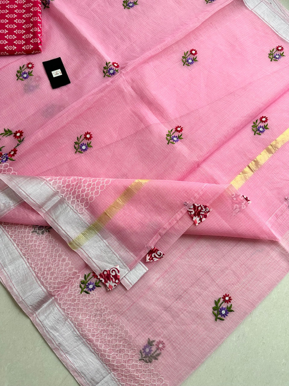 Embroidered Kota Cotton Doria Saree