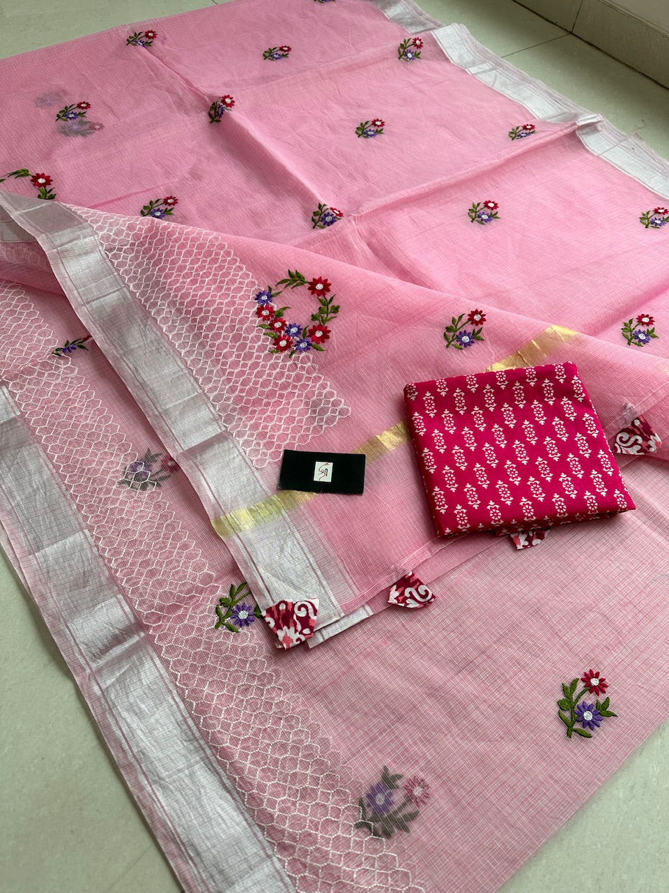 Embroidered Kota Cotton Doria Saree