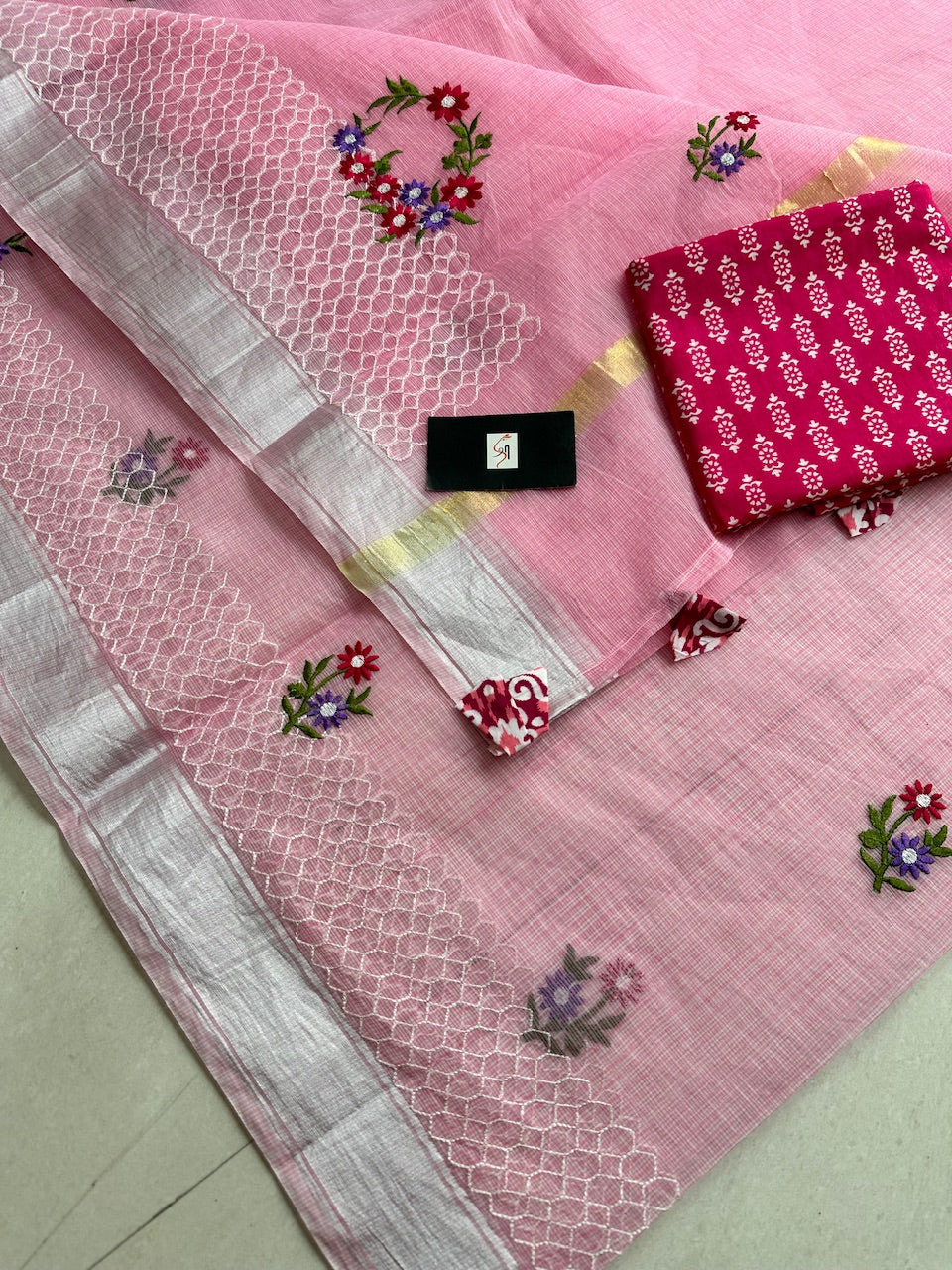 Embroidered Kota Cotton Doria Saree