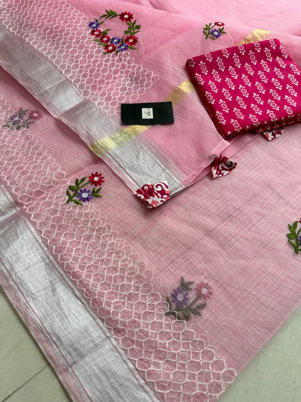 Embroidered Kota Cotton Doria Saree