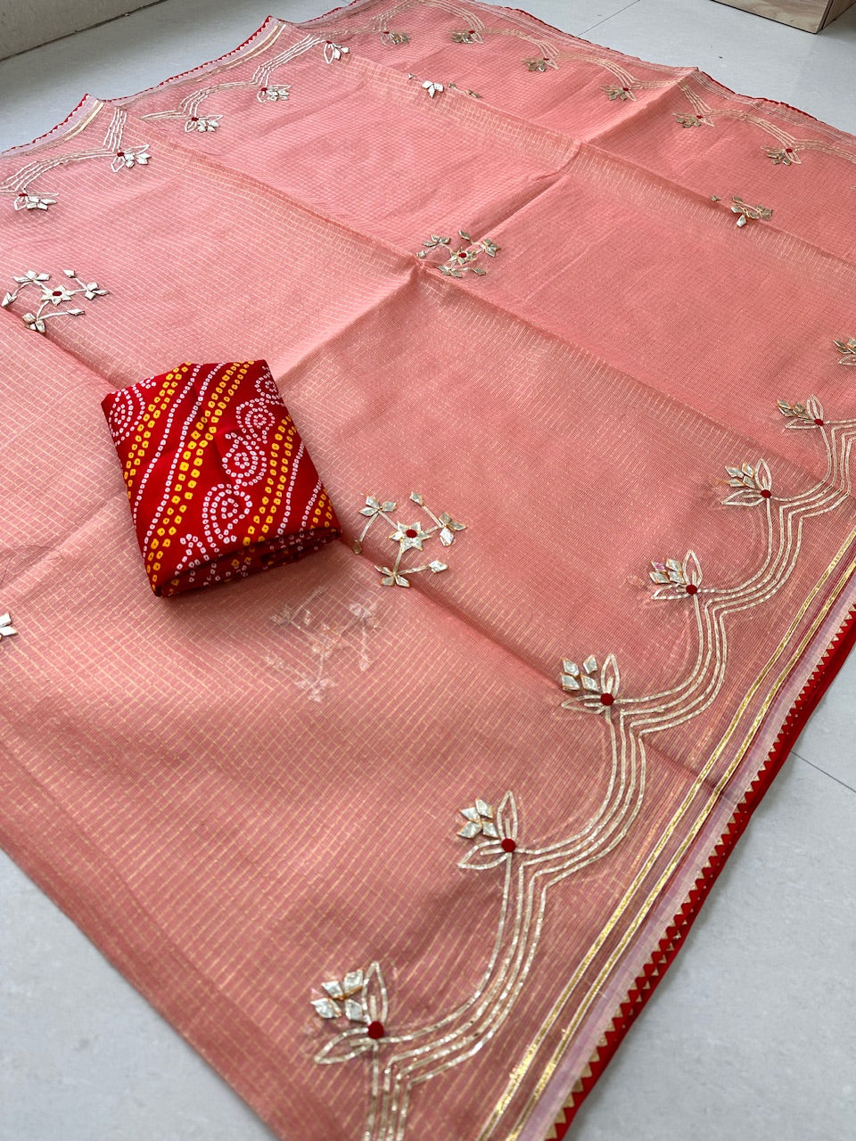 Jaipuri Gota Patti Embroidered Kota Cotton Doria Tissue Saree