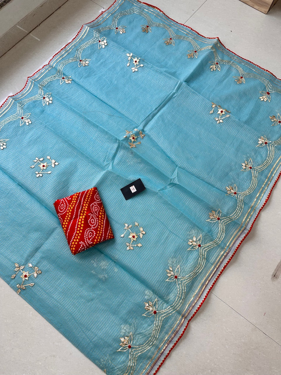 Jaipuri Gota Patti Embroidered Kota Cotton Tissue Doria Saree