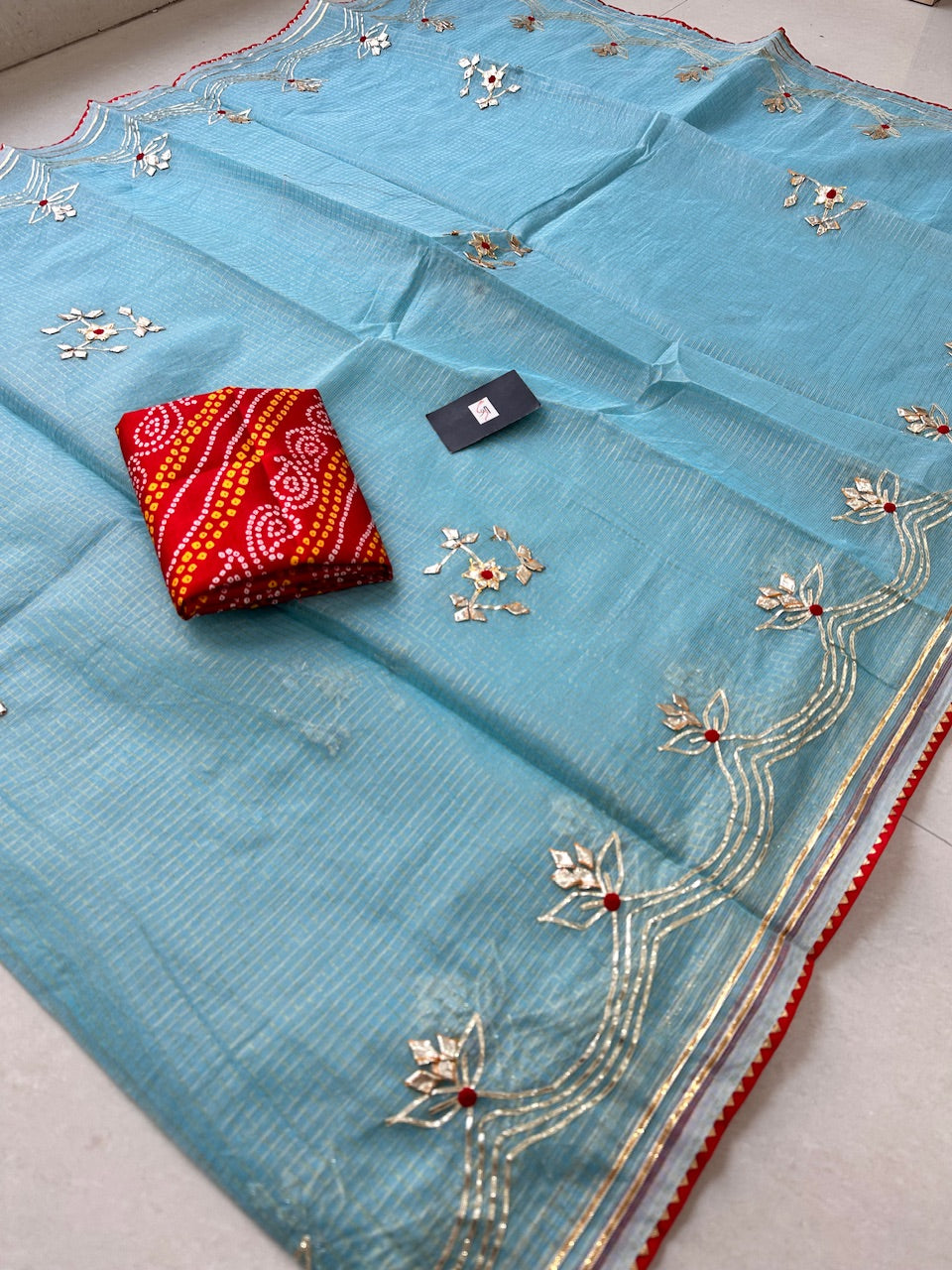 Jaipuri Gota Patti Embroidered Kota Cotton Tissue Doria Saree