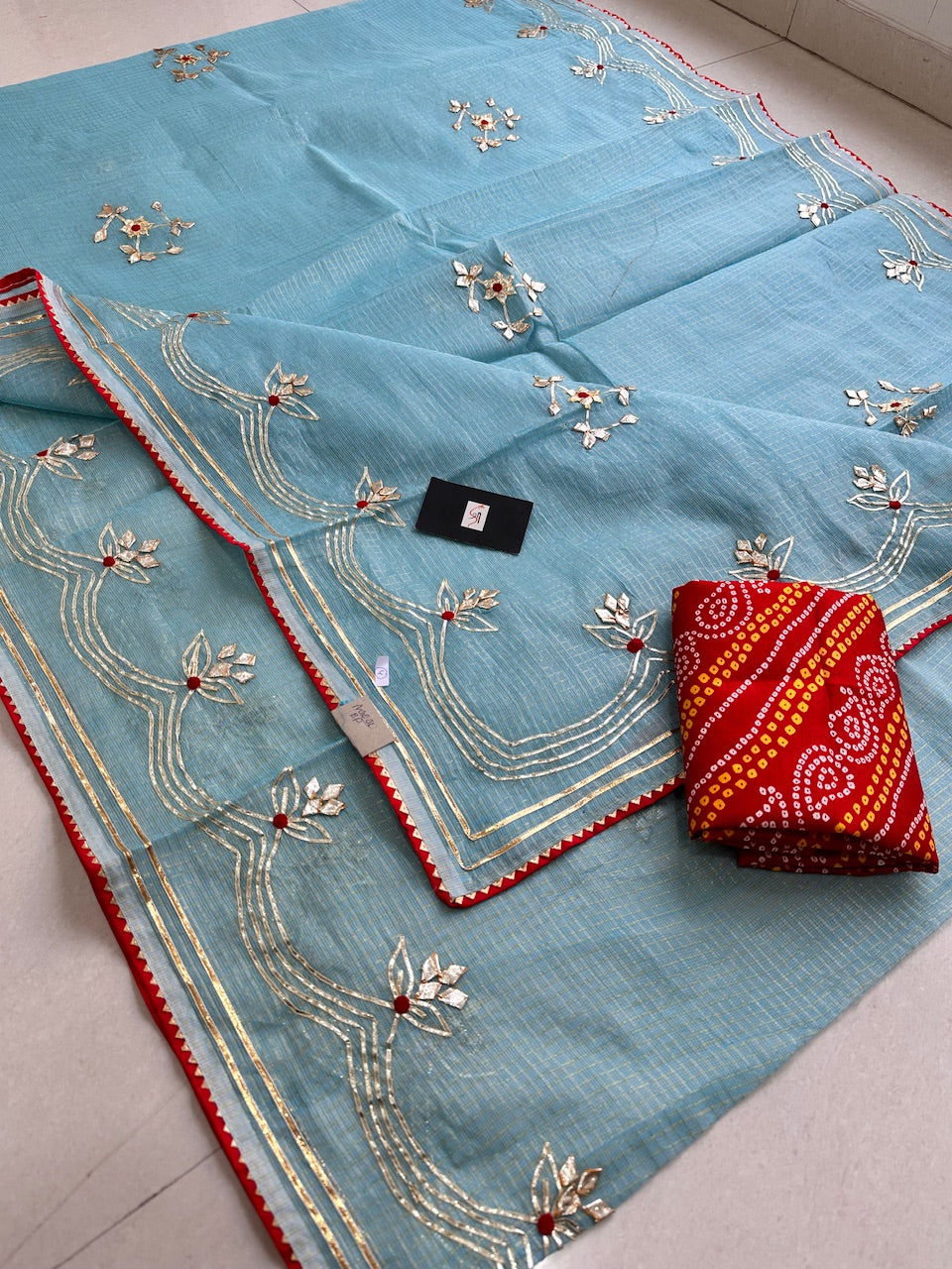 Jaipuri Gota Patti Embroidered Kota Cotton Tissue Doria Saree