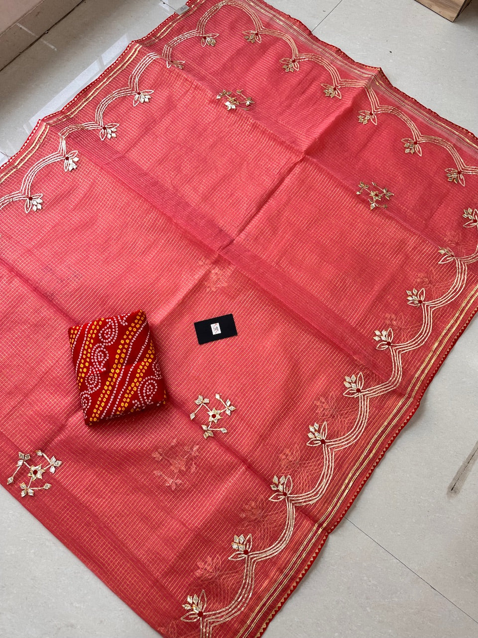 Jaipuri Gota Patti Embroidered Kota Cotton Tissue Doria Saree