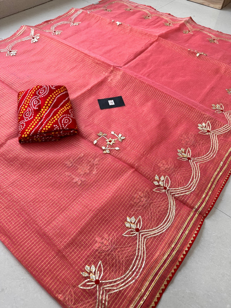 Jaipuri Gota Patti Embroidered Kota Cotton Tissue Doria Saree