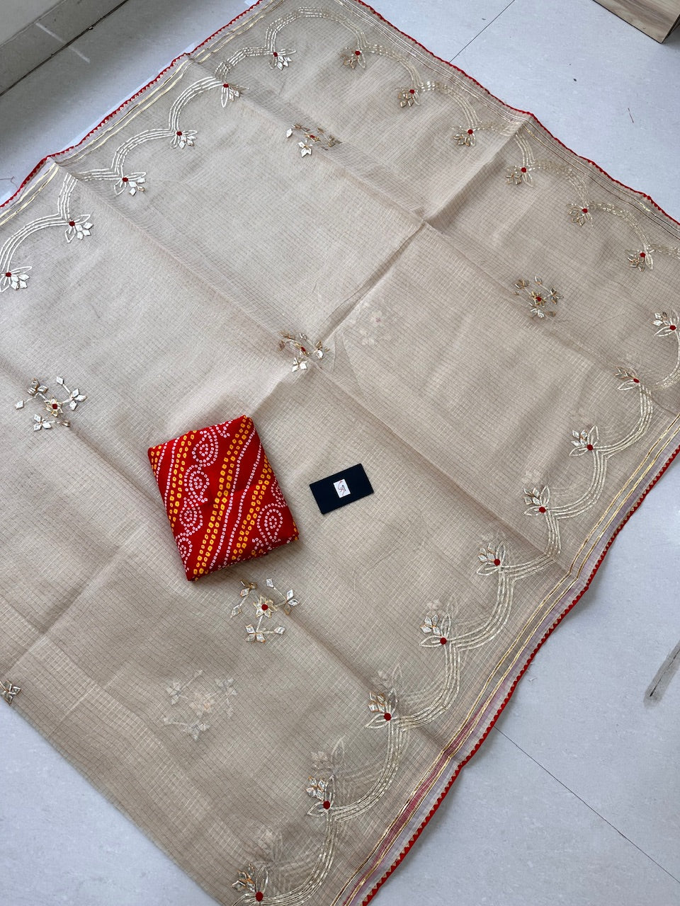 Jaipuri Gota Patti Embroidered Kota Cotton Tissue Doria Saree